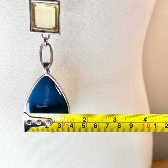 Silver Tone Necklace with Blue Acrylic Teardrop Pendant, [22” Matinee Length] - Picture 5 of 6
